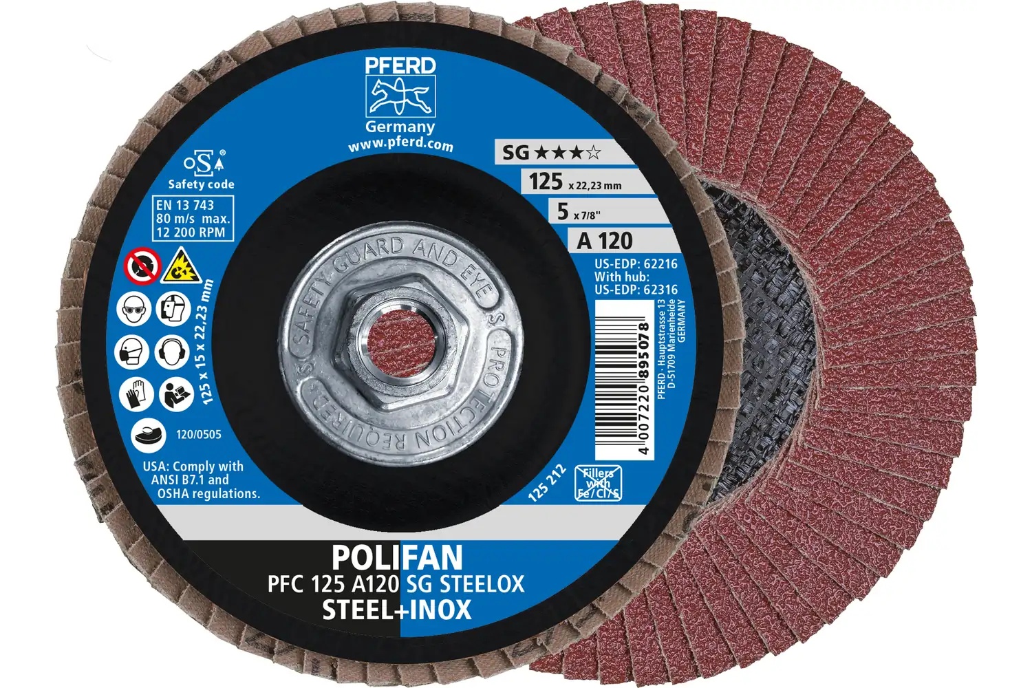 Picture of Pferd Flap Disc, 5" x 5/8-11, A SG Steelox, 120 Grit, T29, Conical, Aluminum oxide